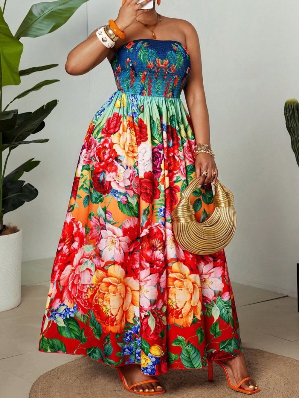 Multicolor Boho Women's Plus Size Sleeveless Elegant Floral Maxi Dress - Picture 7 of 9